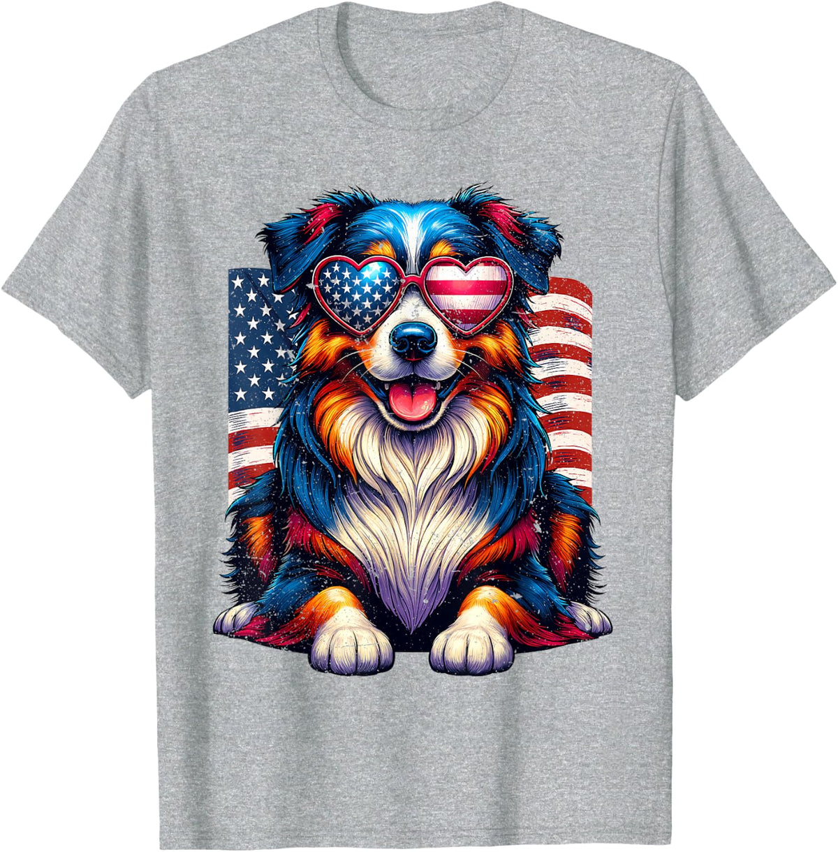 Vintage Australian Shepherd American Flag Love Sunglasses T-Shirt - Heather Grey