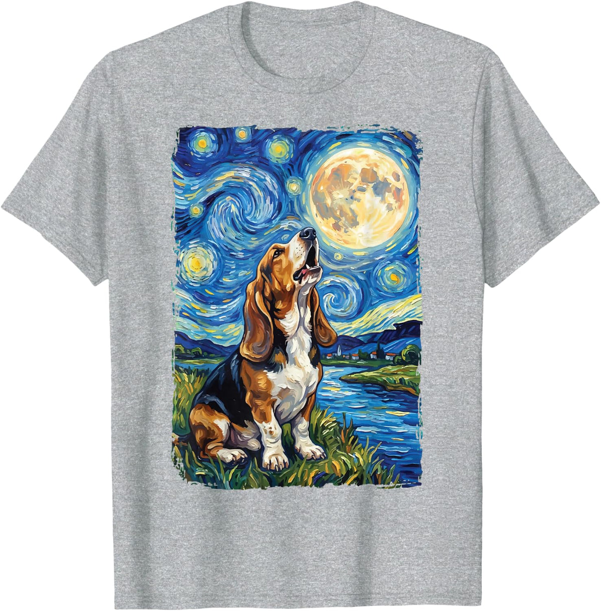 Basset Hound Starry Night Howling T-Shirt - Heather Grey