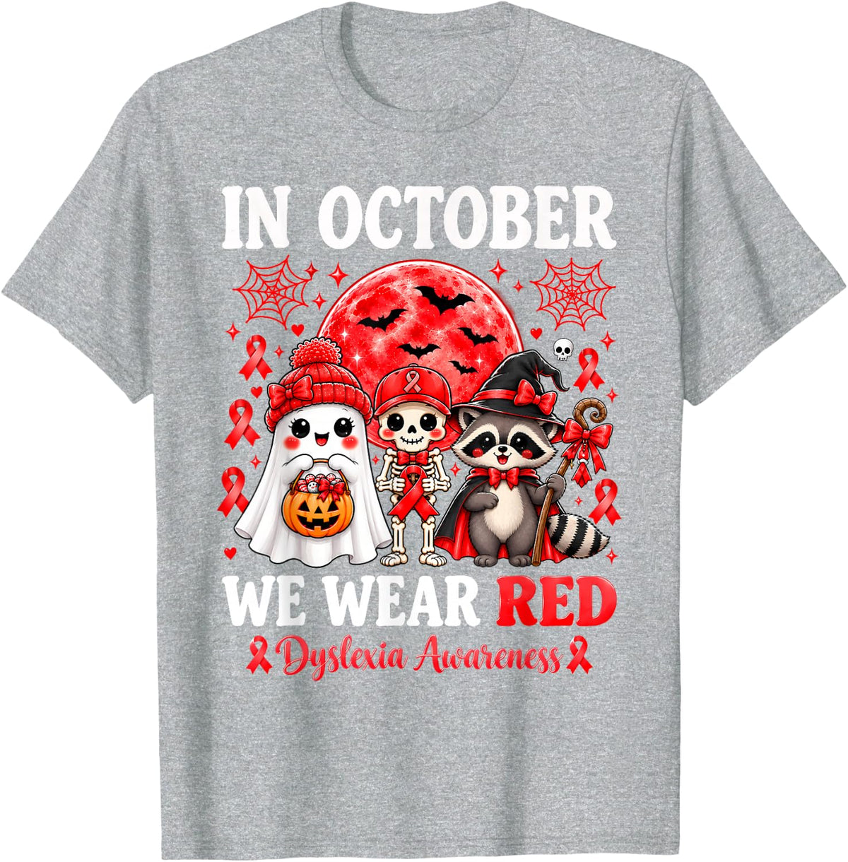 in October We Wear Red Dyslexia Awareness Halloween Ghost T-Shirt - Heather Grey