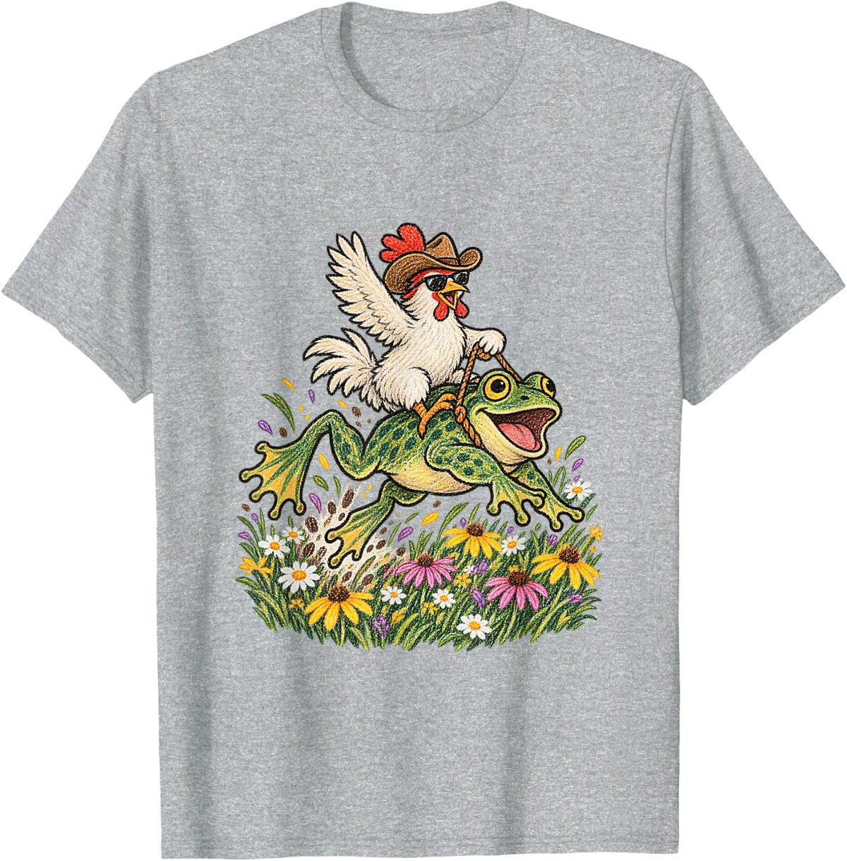 Chicken Riding Giant Frog Funny Animal Meme T-Shirt - Heather Grey
