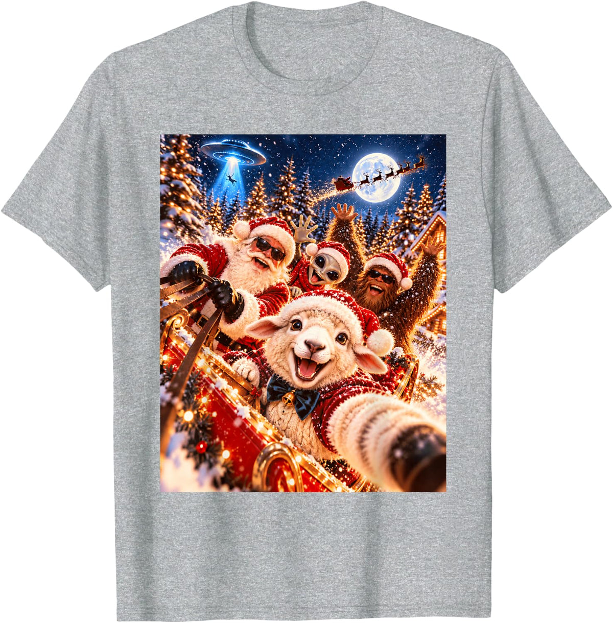 Playful Sheep Santa Christmas Selfie UFO Graphic T-Shirt - Heather Grey