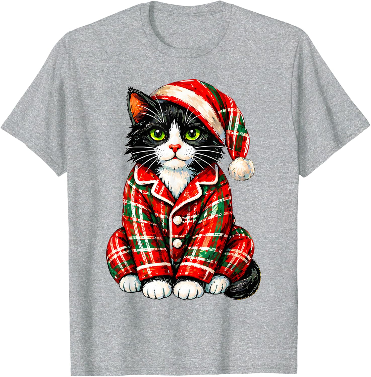 Christmas Tuxedo Funny Cat in Plaid Pajamas Santa Hat T-Shirt - Heather Grey