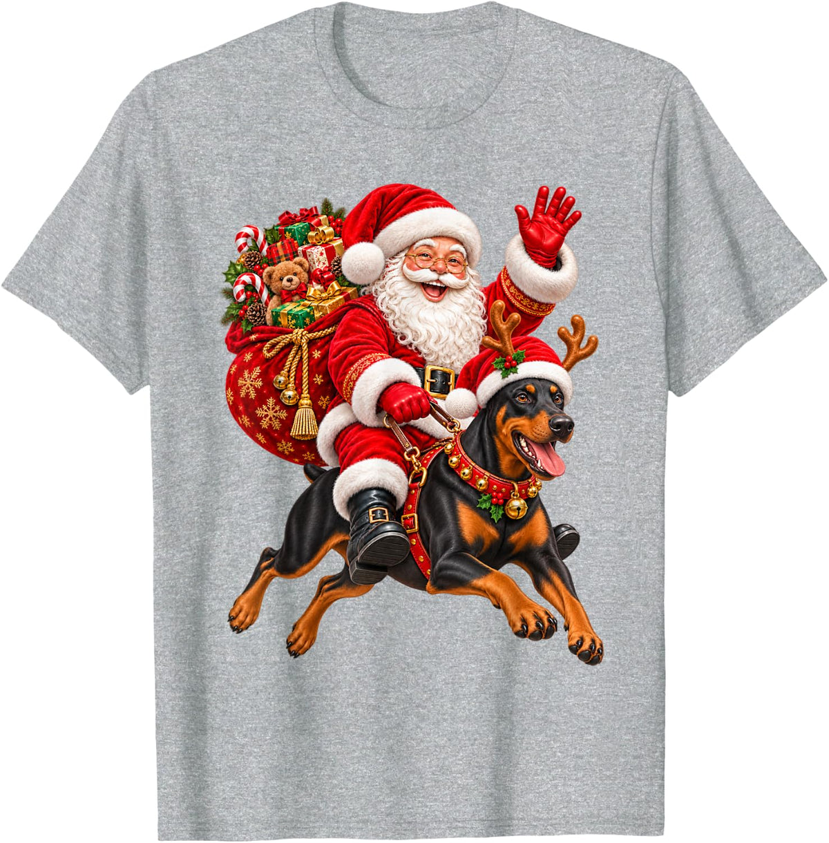 Doberman Pinscher Christmas Hat Santa Riding Pet Dog Xmas T-Shirt - Heather Grey