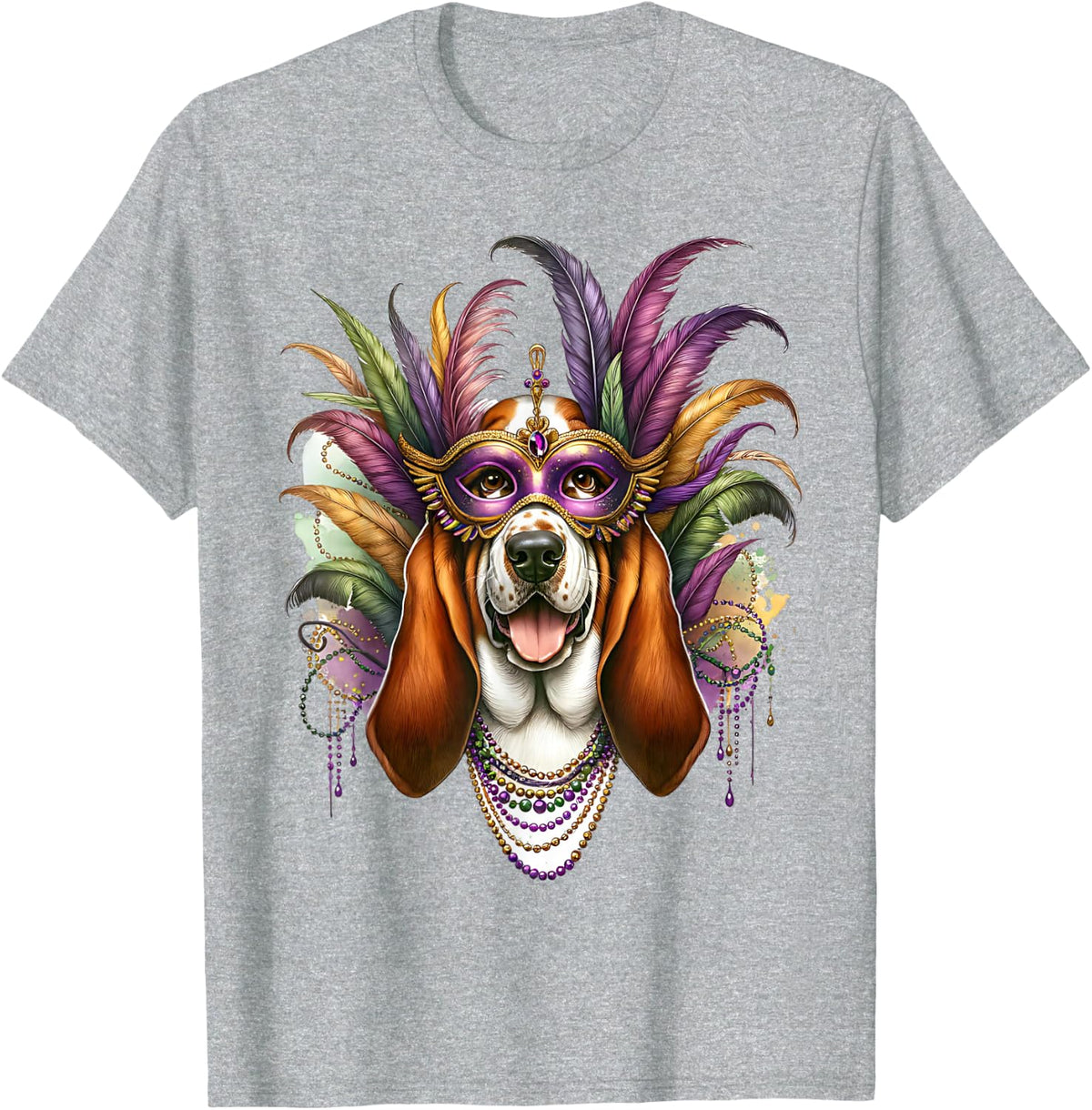 Basset Hound Dog Mardi Gras T-Shirt - Heather Grey