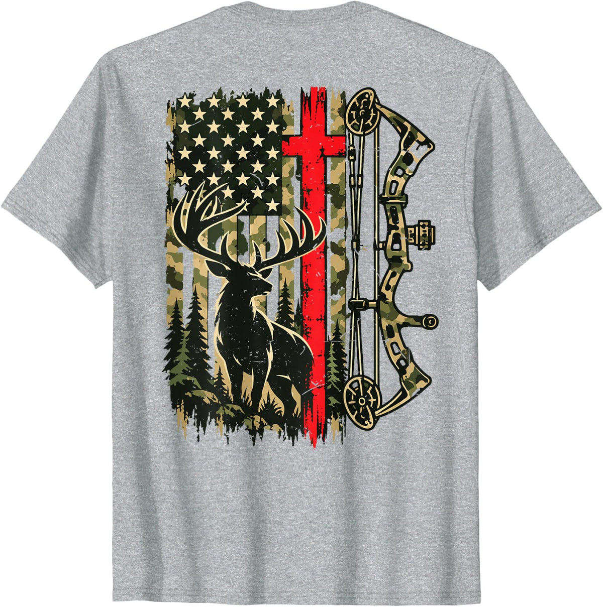 Christian Deer Hunting American Flag Compound Bow Archery T-Shirt - Heather Grey
